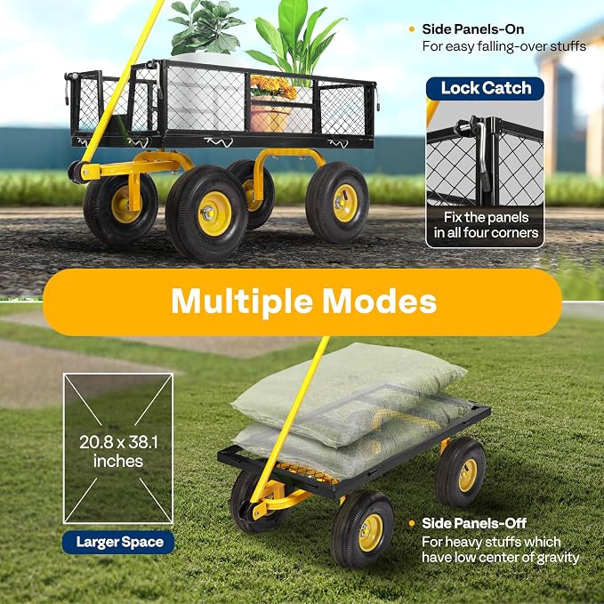 VIVOHOME Heavy Duty 880 Lbs 4.5 Cu Ft Mesh Steel Garden Cart Utility Wagon | Removable Sides and 4.10/3.50-4" Wheels 10 inch Tire (Black)