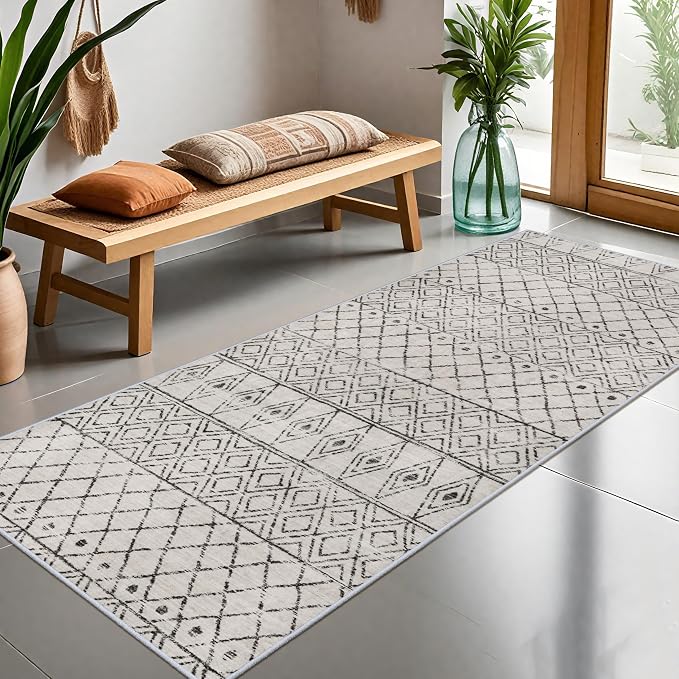 Geometric Grey 3x6 Washable Non Slip Rug:Moroccan Runner Rug | Soft Low Pile Indoor Floor Mat, Pet Friendly Design, Ideal for Front Door, Kitchen, Bedroom, Entryway ,laundry room