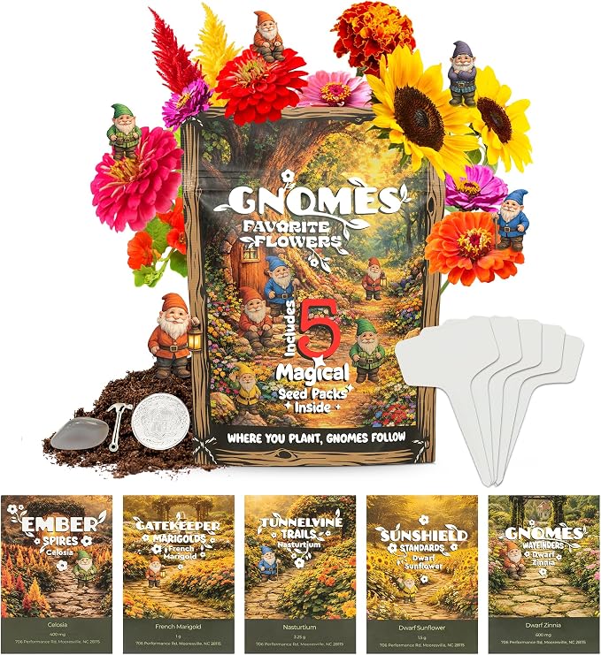Gnome Garden Seed Kit - 5 Flower Seeds Varieties - Reach Milestones, Get Keepsakes - Dwarf Zinnia, Dwarf Sunflower, Celosia, Marigold, Nasturtium - Flower Seeds for Pollinators, Indoor, Outdoor