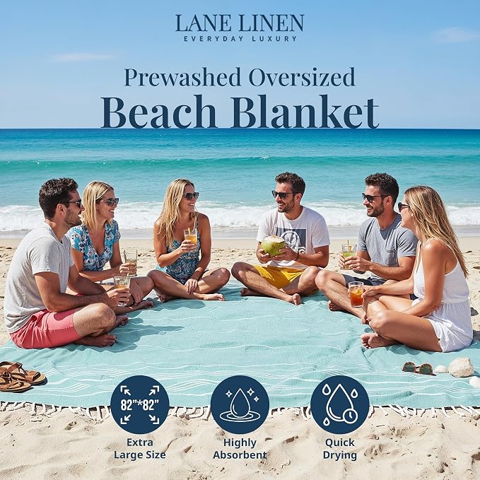 LANE LINEN Large Beach Blanket – Oversize Beach Towel, Beach Games for Family, Compact Quick-Dry Towel (82"x82"), Perfect for Lounging, Resort Stays, & Coastal Escapes - Aqua