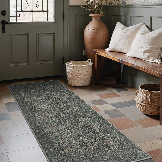 9x12 Area Rug for Living Room, Washable Low Pile, Charcoal Taupe | Vintage Distressed Design, Spill Resistant Lightweight Non-Shedding Carpet for Bedroom, Dining Room, Office