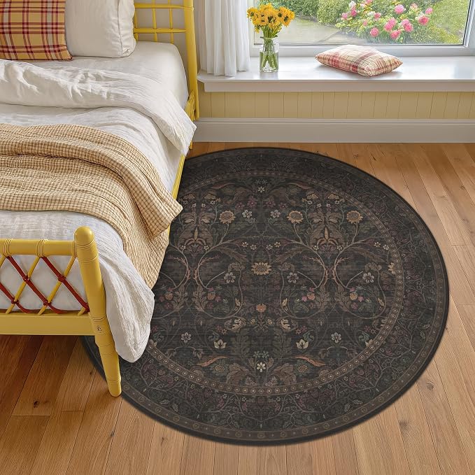 Brown Floral 6ft Round Rug for Living Room Kitchen Dining Room Under Table, Thin Low Pile Soft Botanical Patern Area Rug for Living Room Bedroom, Traditional Home Décor Non Skid (Black and Brown)