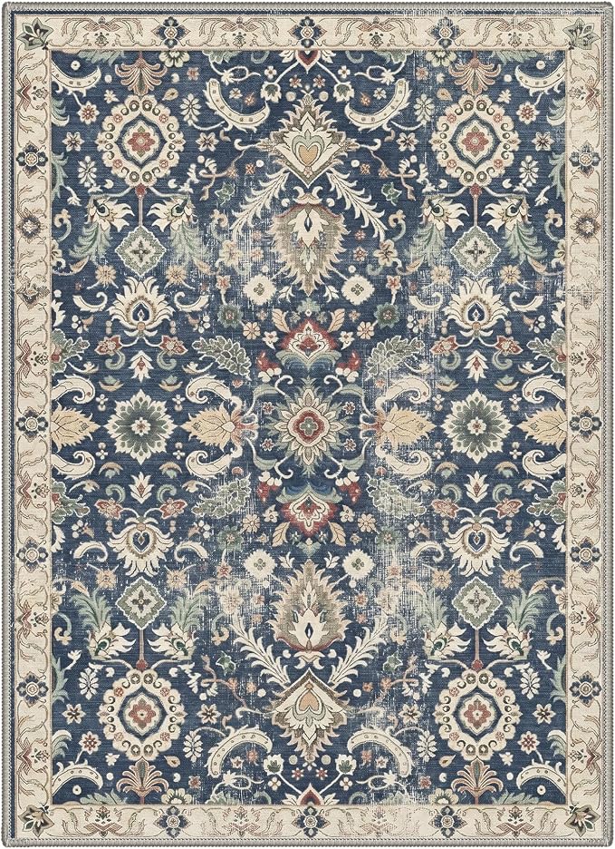 5X7 Area Rug for Living Room, Washable Boho Floral Non Slip | Easy Care Faux Wool Rug for Bedroom Dining Room, Muted Navy Vintage Floral Rug, Non-Shedding, Vacuum Friendly, Thin Indoor