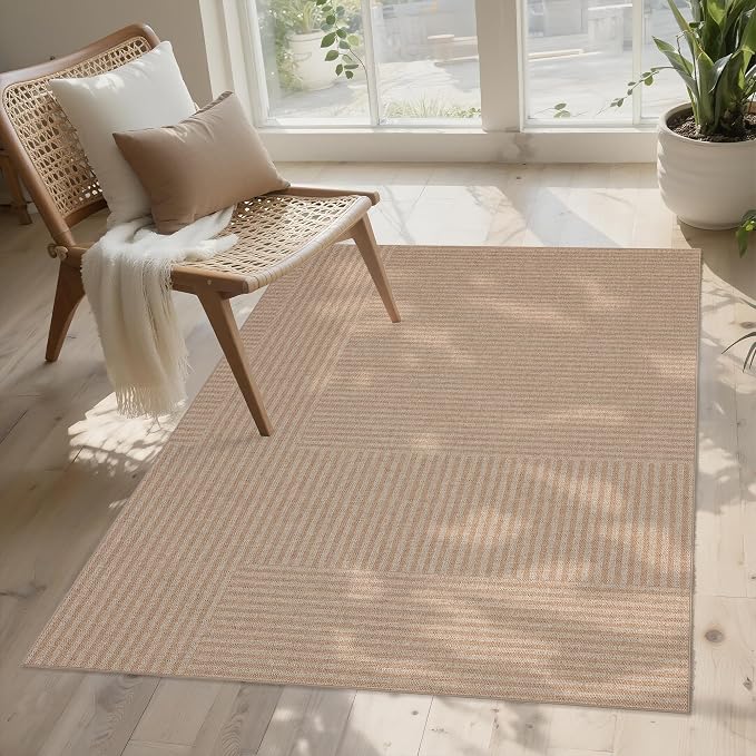 Easy Jute Rug 3x5 Outdoor: Natural Area Rugs for Patio Linen-Look Fabric Durable - Neutral Washable Carpet Mat for Entryway Bedroom Kitchen Non-Slip - Beige Stripes