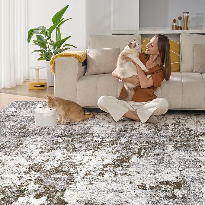 DMOYEST 8x10 Area Rug for Living Room Washable Abstract Indoor Carpet | Neutral Modern Low Pile Rugs Kid & Pet Friendly Large Soft Thin Carpet for Bedroom Dining Room - Dark Brown