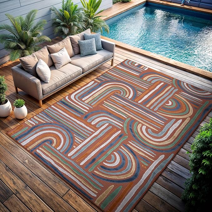 CAMILSON Indoor Outdoor Rug, Orange 10x14 Geometric Arch Striped Large Area Rugs for Patio and Home Areas, Easy-Cleaning Non-Shedding Living Room, Garden and Deck Washable Outside Carpet (10 x 14)