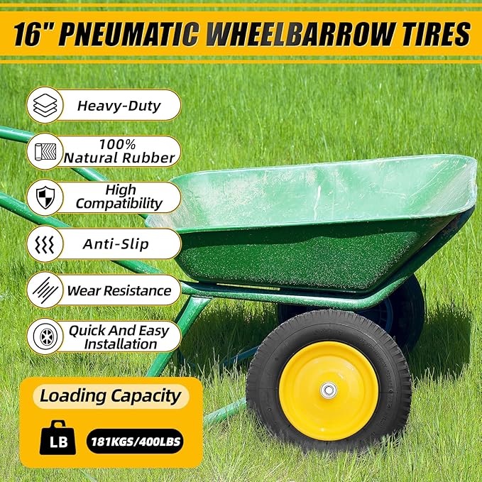 MZREXN 4.80/4.00-8" Tire and Wheel, 16" Pneumatic Wheelbarrow Tire | 5/8"&3/4" Bearing,3"-7"Centered Hub,Fit Hand Truck/Garden Carts/Yard Wagon/Utility Carts/Dolly/Trolley,Yellow 2pcs