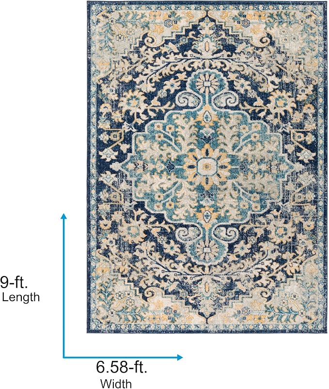 Livabliss Area Rugs - 7x9 Odelia Vintage Boho Blue Aqua Slate Area Rug for Living Room Bedroom - Floral Medallion Stain Resistant Carpet for Kitchen, Nursery, Office (6'7" x 9')