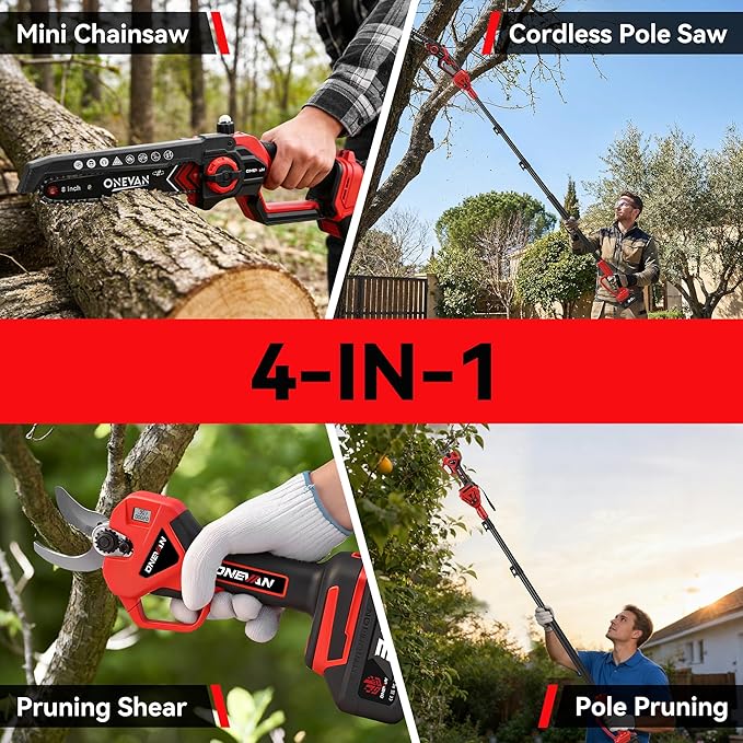 4-in-1 Cordless Pole Saw & Electric Pruning Shears, 8-Inch Pole Saws for Tree Trimming, Electric Pole Saw with 14.2FT Max Extension Pole, 2 * 3.0Ah Battery Powered Pole Saw Pole Branch Cutter Pruner