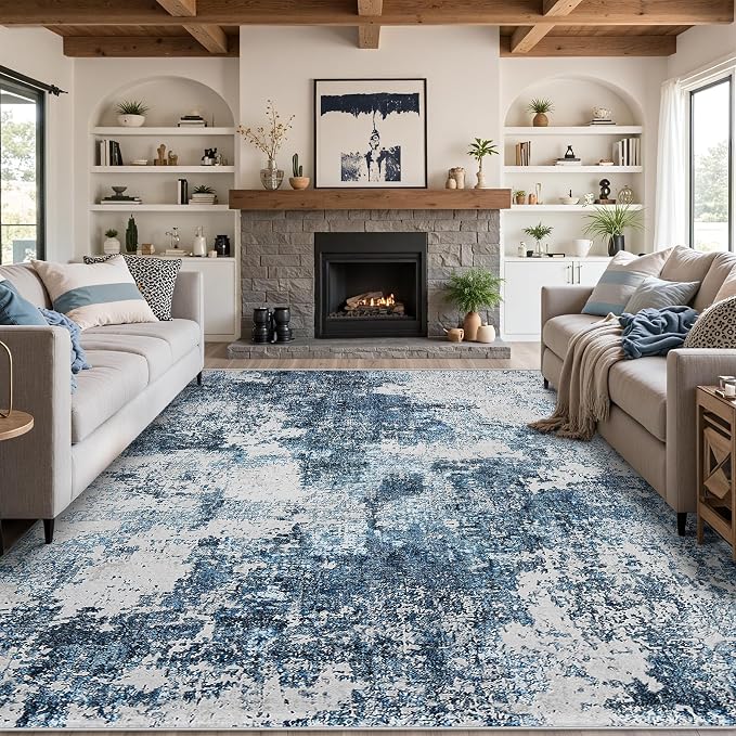 Tosuoka 9x12 Area Rugs for Living Room Abstract Washable Blue Rug | With Anti-Slip Backing，Non-Shedding，Stain-Resistant，Soft Modern Large Carpet for Bedroom Dining Room Farmhouse Nursery