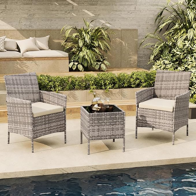 3-Piece Outdoor Furniture Set, PE Rattan Wicker Chairs with Soft Cushions & Tempered Glass Coffee Table - All-Weather Patio Set for Garden, Backyard, Porch, Poolside (Grey/Beige)
