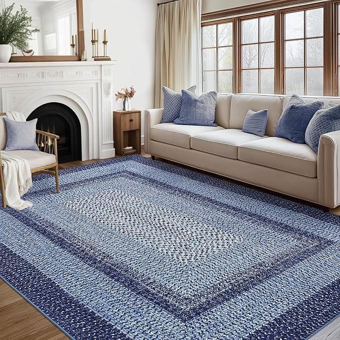 RUGSREAL 9x12 Living Room Rug Large Bedroom Washable Rug Non Slip | Indoor Throw Floor Cover Farmhouse Rustic Area Rug Modern Geometric Border Carpet for Bedroom Home Decor, Navy