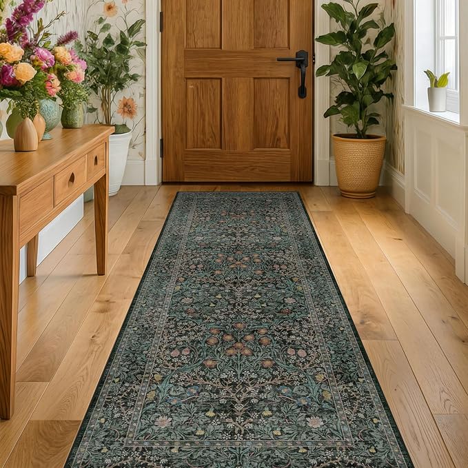 8ft Long Runners for Hallways Non Slip, 2'6" x 8' Floor Runner for Kitchen, Entryway Indoor, Washable Rubber Backing Stain Resistant - Vintage Floral Dark Green & Black Wide Décor