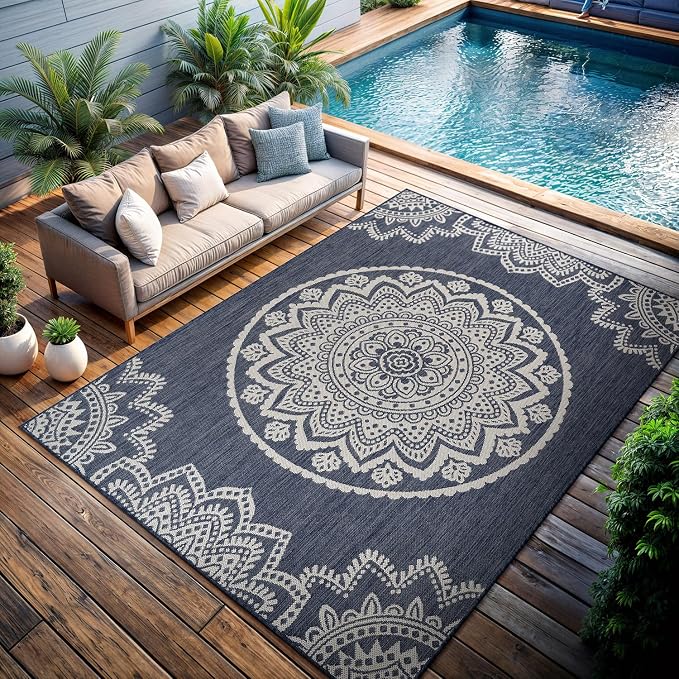 CAMILSON Outdoor Rug 8x10 Modern Area Rugs for Indoor and Outdoor Patios and Porches - Waterproof, Washable, Non-Shedding, Easy-to-Clean Outside Carpet (8 x 10, Medallion - Blue/White)