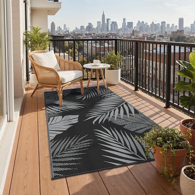 GENIMO Outdoor Rug 3' x 5' Waterproof for Patios Clearance, Reversible Outdoor Plastic Straw Camping Rug Carpet, Large Area Rugs Mats for RV, Camper, Deck, Balcony, Porch, Beach, Picnic, Black&Grey