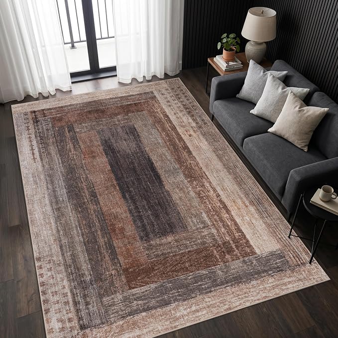 Neutral Geometric Beige 9x12 ft Large Rug for Living Room Bedroom | Contemporary Modern Area Rugs Vintage Non-Slip Soft Faux Wool Low Pile Indoor Carpet for Dining Room Office Home Decor