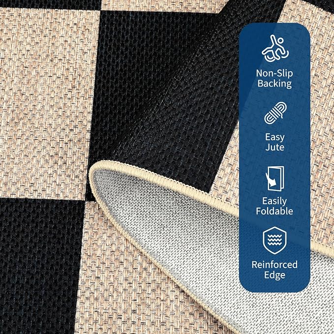 Garvee 9x12 Washable Rugs for Living Room Easy Jute Modern Rug, Black/Beige | Modern Checkered Rug for Bedroom Stain Resistant Easy Cleaning Non Slip Floor Cover for Bedroom Dining Room Office Nursery