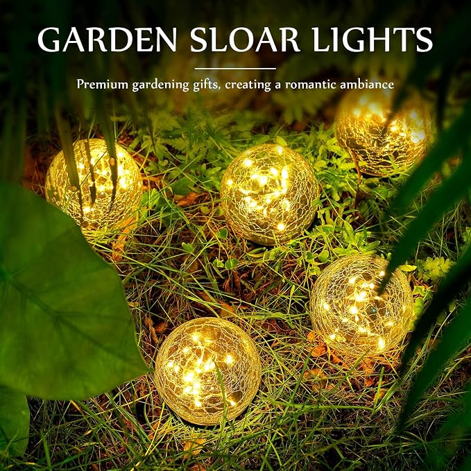 Honoson 3.9 Inch Solar Globe Lights Outdoor - Waterproof Cracked Glass Balls for Lawn Patio Yard Backyard Decorations, Warm Yellow Solar LED Lights with Easy Installation,Durable Design (8 Pcs)