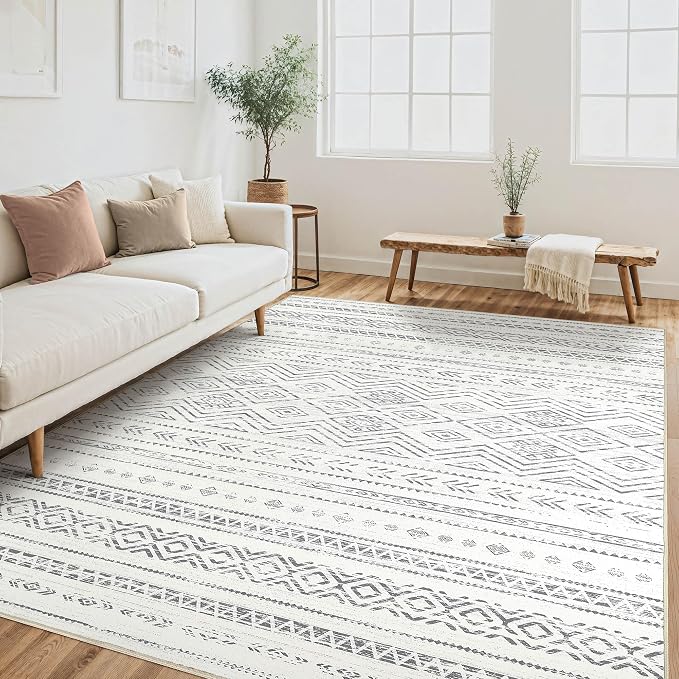 Tortania Area Rug Living Room Rugs- 5x7 Washable Large Soft Neutral Boho Moroccan Bohemian Farmhouse Rug Indoor Floor Carpet for Bedroom Under Dining Table Home Office Decor - Beige Gray