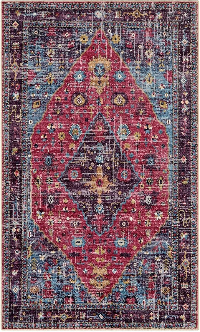 Lahome Felice Machine Washable Area Rugs 3x5, Soft Entryway Rug Oriental Kitchen Rugs, Small Vintage Soft Kid Pet Friendly Printed Indoor Accent Entry Carpet for Bathroom Front Door Decor, Hot Pink