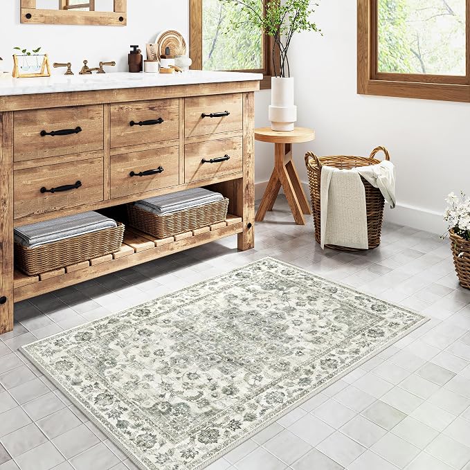 2x3 Green Neutral Area Rug | Washable, Non Slip, Soft Low Pile, Vintage Farmhouse, for Entryway Kitchen Bathroom Living Room Bedroom Indoor Home Decor