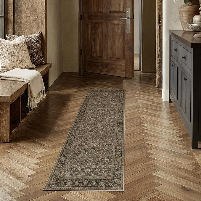 HUGEAR 2x6 Indoor/Outdoor Runner Rug Brown Linen-Look Fabric Vintage Area Rug High Traffic Stain Resistant Easy Clean Durable Rugs for Kitchen Hallway Entryway Balcony Porch Garden Courtyard