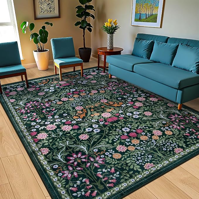 PLHXFR Area Rug 9x12 Living Room: Floral Washable Boho Carpet Dark Green | For Bedroom Dining Room Farmhouse Nursery Hallway,Vintage Floral,Machine washable,Non Slip,Stain Resistant,Large Indoor