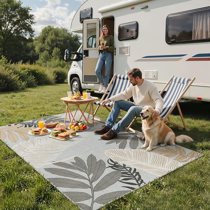 GENIMO Outdoor & Indoor Area Rug 6'x9', Waterproof, Non-Shedding, Easy Cleaning, Leaf Mat for Patio, Living Room, Balcony, Dining Room, RV, Deck, Bedroom, Camping, Outside Carpet, Sand Grey