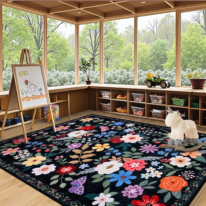 PLHXFR 6x9 Area Rug Living Room: Floral Washable Boho Soft Carpet Black | For Bedroom Dining Room Farmhouse Nursery Hallway,Vintage Floral,Machine washable,Non Slip,Stain Resistant,Large Indoor
