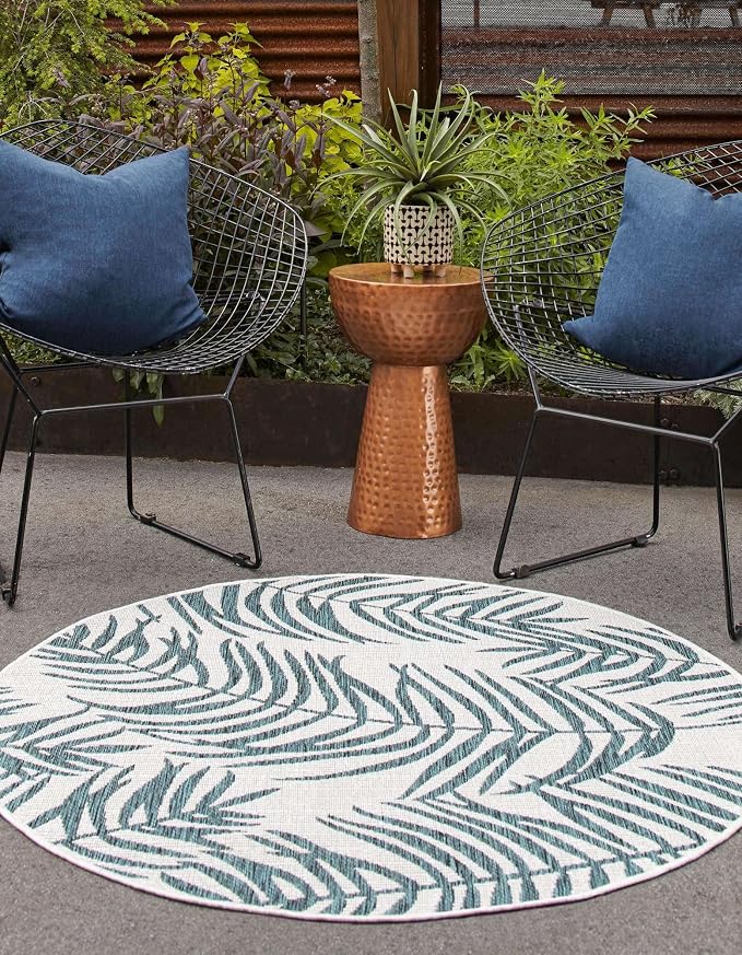 Unique Loom Outdoor Botanical Collection Area Rug - Palm (4' 1" Round, Teal Ivory)