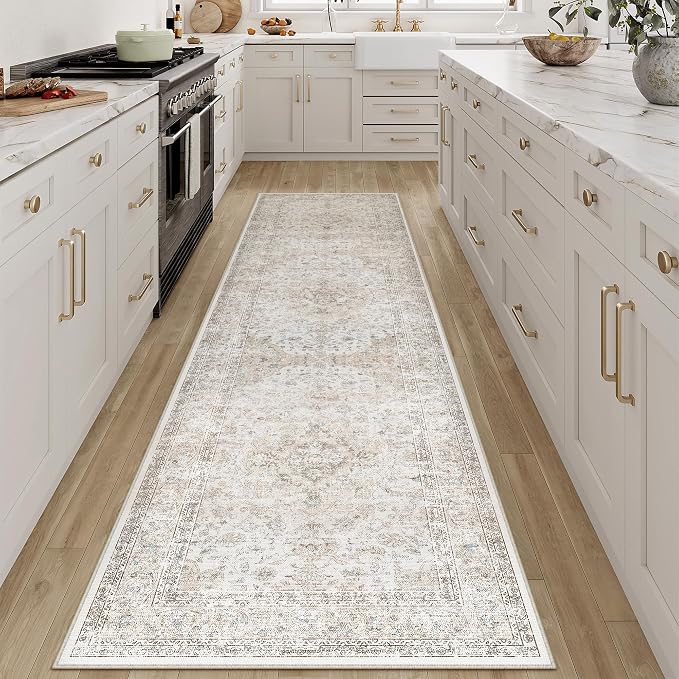 2x10 Washable Runner Rug Beige Grey Non Slip Vintage Carpet | Low Pile, Stain Resistant, Kitchen, Entryway, Hallway, Bathroom, Bedroom, Soft, Thin, Lightweight