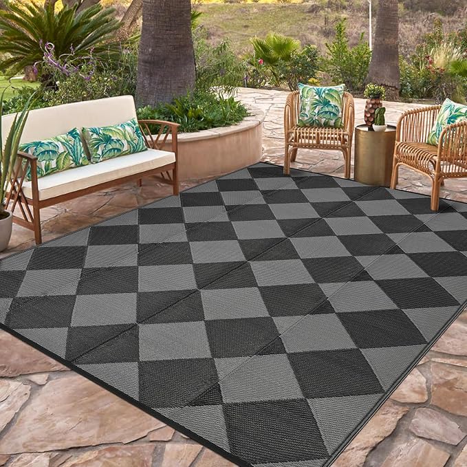 Garvee 8x10 Outdoor Rug Waterproof Plastic Straw Rug Checkered Black | Outdoor Patio Rug, Reversible, Easy Clean, Foldable, Lightweight Large Area Rugs for Porch Backyard Camping RV Beach Balcony