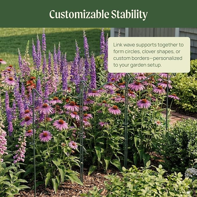 6 Pack Plant Support Stakes, Wavy Metal Garden Plant Stake, Peony Cages and Supports, 10"(W) x 16" (H) Flower Support Ring for Peonies, Hydrangea