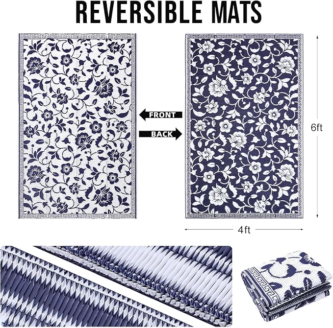 OLANLY Waterproof Outdoor Rug 4x6 ft, Outdoor Plastic Straw Rug with Flower Pattern, Reversible RV Mat for Patio, Camping, Balcony, Deck, Backyard, Navy & White