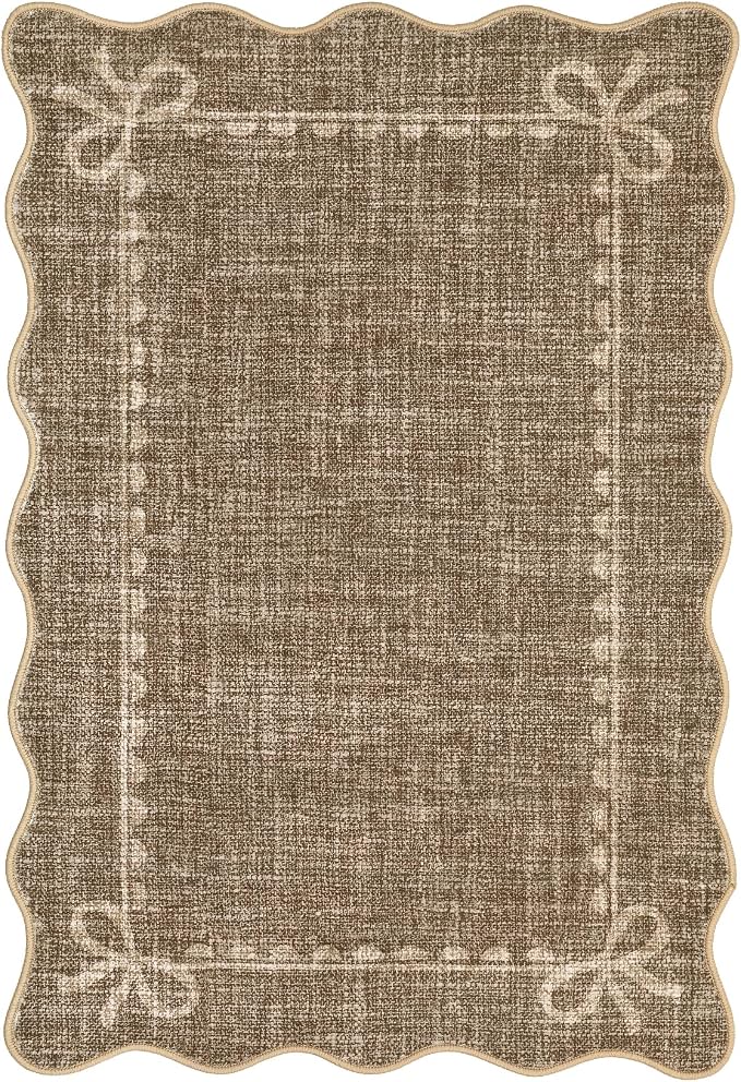 GarveeHome Scalloped Entryway Rug 2x3 Washable Front Door Bow Rug, Brown | Non Slip Soft Low Pile Ultra-Thin Stain Resistant Indoor Carpet for Girls Dorm Nursery Bedroom Decor Hallway Kitchen Floor