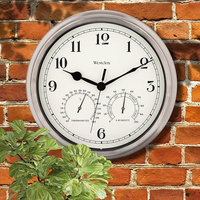 Westclox Indoor/Outdoor Wall Clock with Temperature & Humidity Gauges, Weather-Resistant, Quartz Accuracy, Battery-Powered (Silver, 12-Inch)