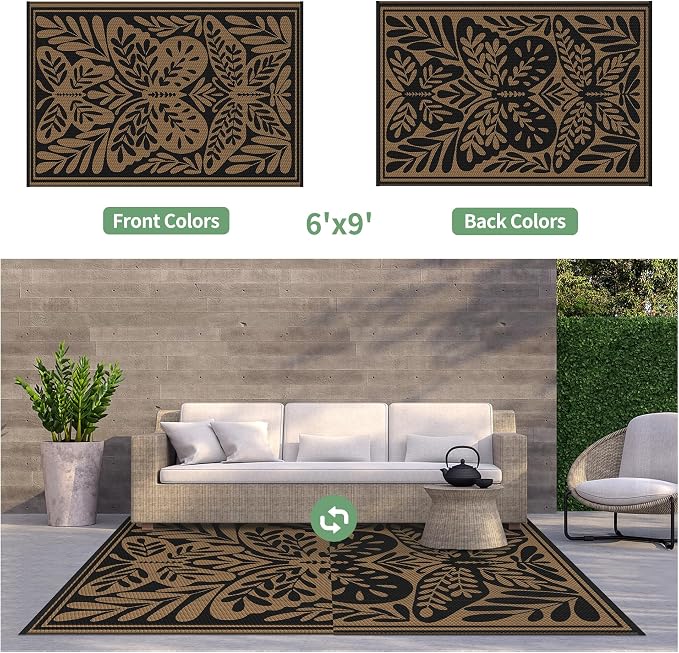 GENIMO Outdoor Rug 6' x 9' Waterproof for Patio Clearance, Reversible Plastic Straw Camping Mat, Lightweight Carpet for Rv, Camper, Deck, Porch, Picnic, Balcony, Beach, Jet Black & Brown