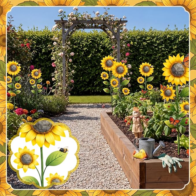 4 Pack Garden Decor for Outside 15.7'' Metal Sunflower Garden Stakes Decorative Summer Flowers Metal Yard Art Rust Proof Plant Sticks for Outdoor Lawn Yard Patio Porch