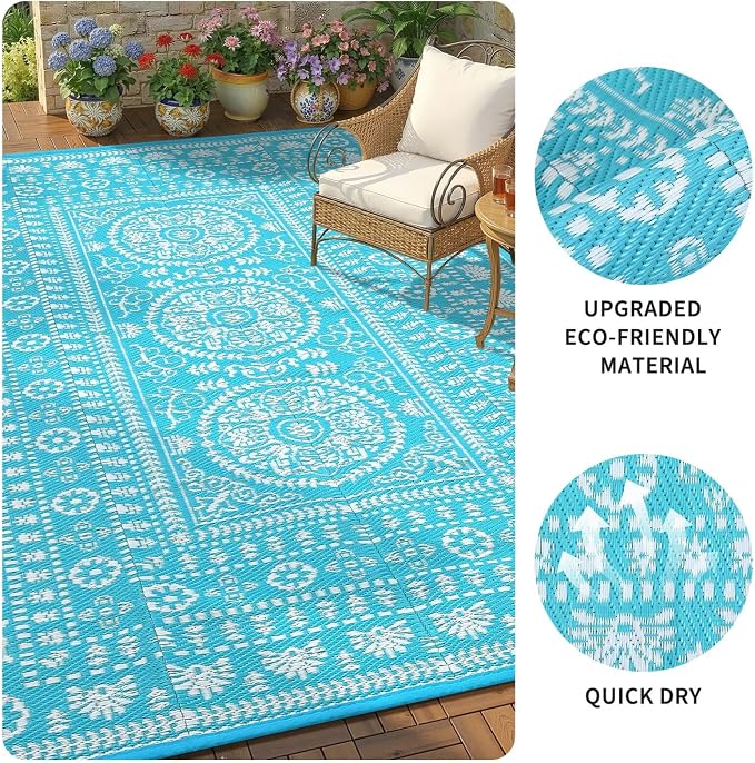 Garvee Reversible Outdoor Rug 5x8 for Patio, Waterproof Outdoor Area Rug, Boho Medallion Indoor Outdoor Carpet for Porch, Plastic Straw Rug for RV, Camping, Deck, Blue and White