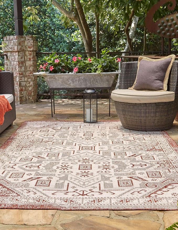 Unique Loom Outdoor Aztec Collection Area Rug - Coba (4' 1" x 6' 1" Rectangle, Rust Red/ Ivory)