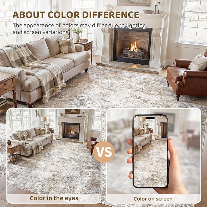 UERMEI 7x9 Area Rug Living Room Rugs - Washable Neutral Modern Abstract Soft Thin Large Rug Indoor Floor No Slip Rug Carpet for Bedroom Under Dining Table Home Office Decor - Brown Grey