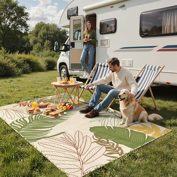 GENIMO Outdoor & Indoor Area Rug 6'x9', Waterproof, Non-Shedding, Easy Cleaning, Leaf Mat for Patio, Living Room, Balcony, Dining Room, RV, Deck, Bedroom, Camping, Outside Carpet, Olive Mustard