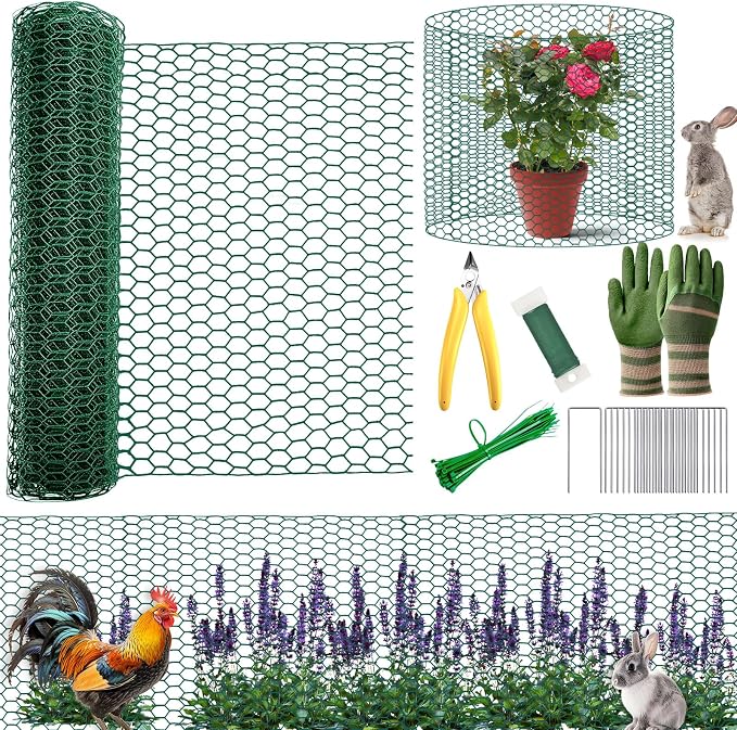 All-in-One 200 Inch Plant Protectors from Animals Kit - 0.85mm Heavy Duty Chicken Wire Cloche,Free-Cut Wire Mesh Roll Includes Pliers, Gloves, Ties, Stakes for Custom Outdoor Cages (16 * 200 Inch)