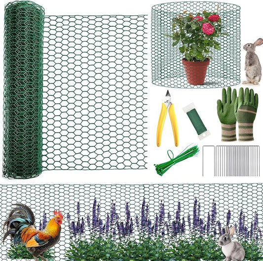 All-in-One 200 Inch Plant Protectors from Animals Kit - 0.85mm Heavy Duty Chicken Wire Cloche,Free-Cut Wire Mesh Roll Includes Pliers, Gloves, Ties, Stakes for Custom Outdoor Cages (16 * 200 Inch)