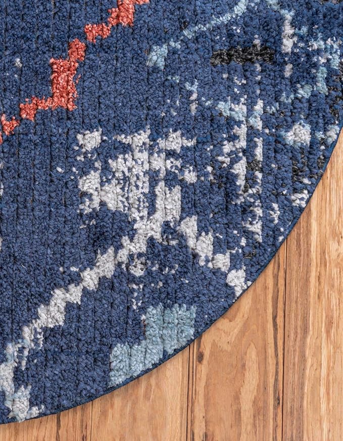 Unique Loom Morocco Collection Tribal, Southwestern, Bohemian Area Rug (4' 0 x 4' 0 Round, Navy Blue/Gray)