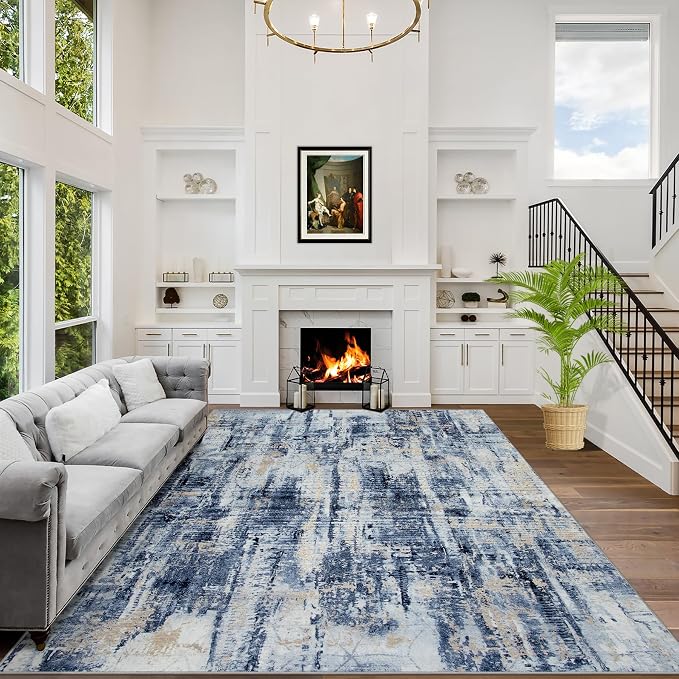 6x9 Area Rugs for Living Room: Washable Abstract Blue Gold Badroom Carpet | Non-slip TPE backing makes this washable soft low-pile rug safe & durable, Pet-friendly decor for dining room,nursery,office