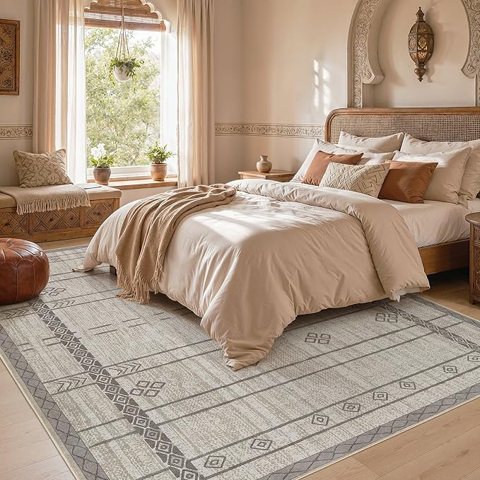 cotiled 6x9 Area Rugs for Living Room: Boho Washable Rug for Dining Room | Stain Resistan Indoor Soft Carpet for Bedroom Nursery Grey Brown