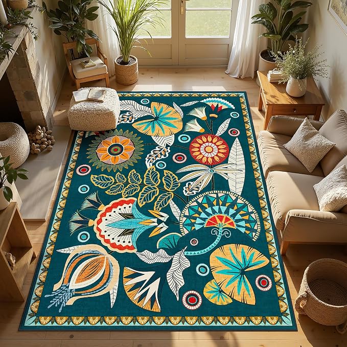 Joydeco Egypt Floral Machine Washable Living Room Bedroom Area Rugs 5x7 | Boho Botanical Colorful Non Slip Stain Resistant Flower Indoor Carpet for Dining Room Office Entryway Guest Room Playroom