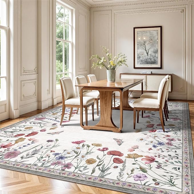 8x10 Area Rugs, Machine Washable Low Pile Floral Rugs for Living Room, Bedroom, Large Area Rug with Non-Slip Backing for Dining Room(Classic Beige)