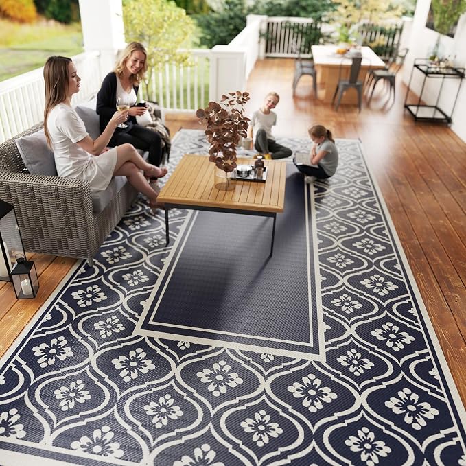 Outsunny Outdoor Rug for Patio, 9' x 18' Waterproof Large Mat, Reversible Plastic Straw Rug for Decor, Portable Outside RV Camping Area Carpet Mat for Backyard Porch Deck Picnic, Blue & White Gourd